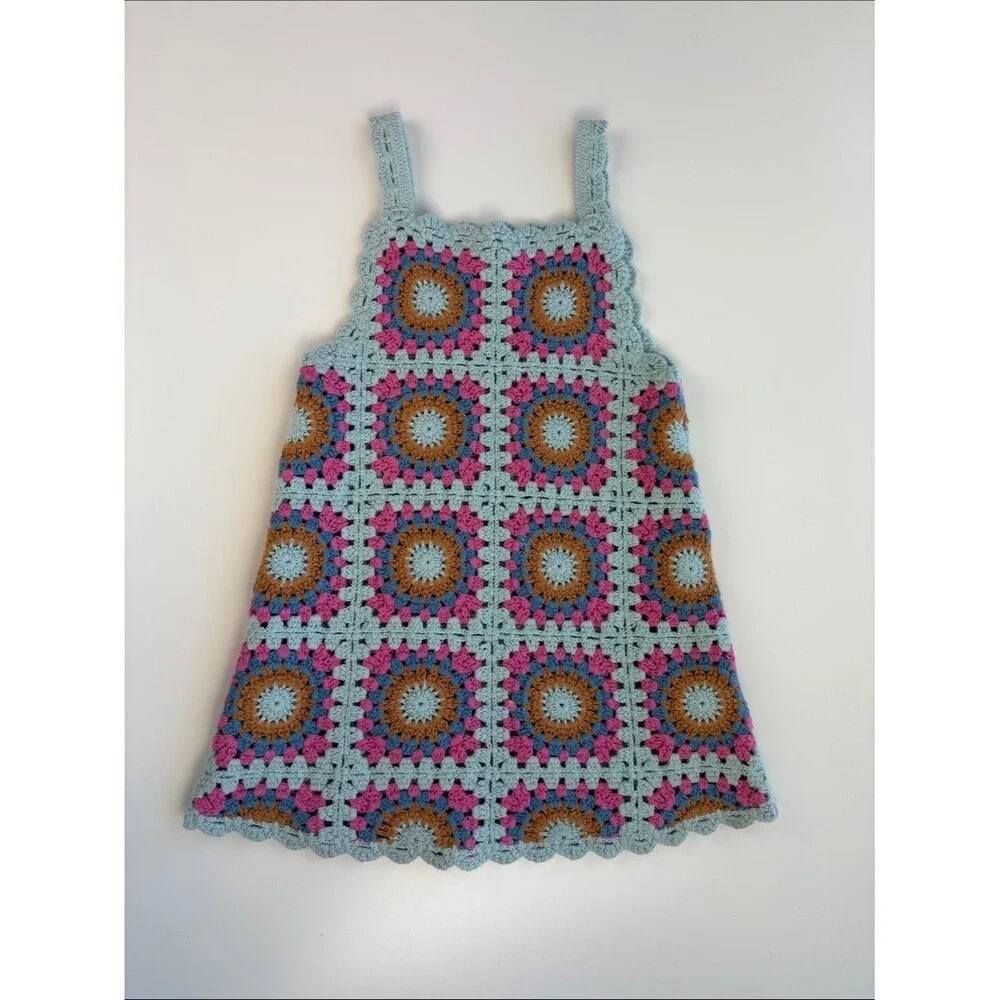 Zara Crochet Multicolor Knit Dress Size 1 1/2 Years 18M Granny Squares Hippie